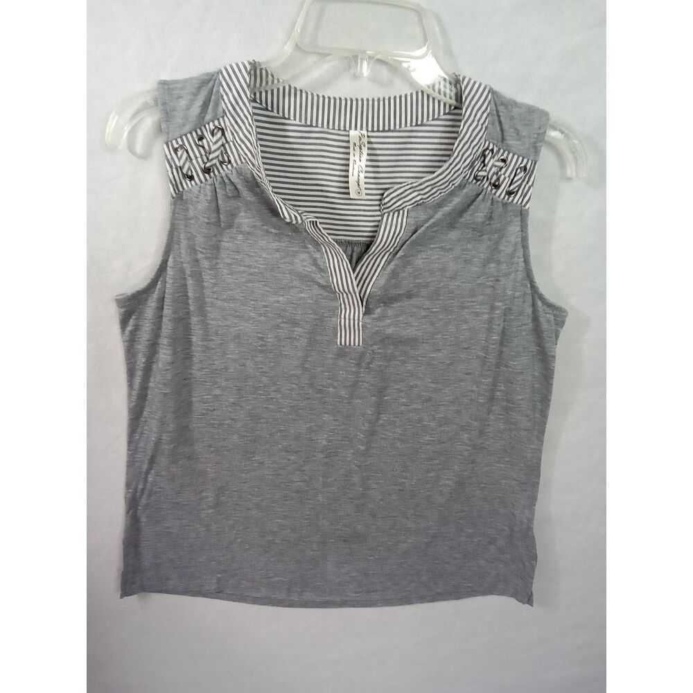 Perception Concept Gray Striped V-Neck Sleeveless Top Grommet Detail M TP-MS-522